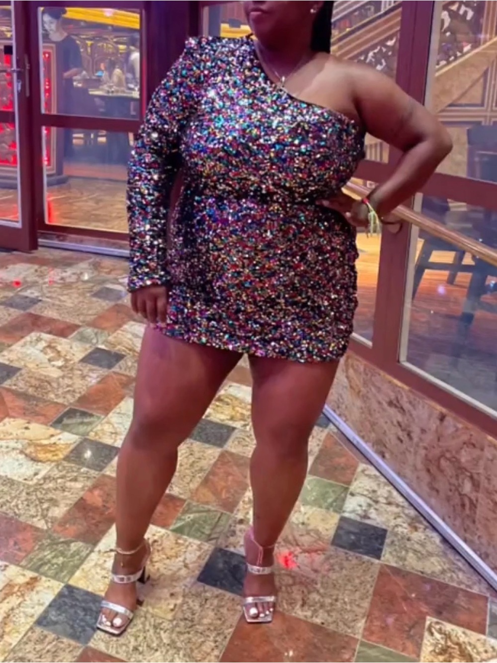 SHEIN Multicolor Sequin One-Shoulder Mini Dress
